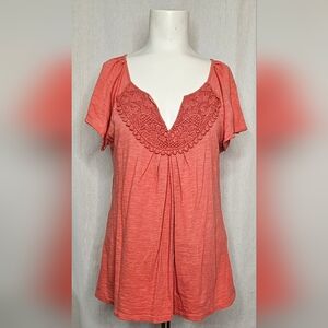 LOFT Ann Taylor Coral Crochet Lace Detail Short Flutter Sleeves Top Size S